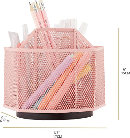 Annova Mesh Desk Organizer Rotate with 5 Compartments Spinning Tidy Candy/Pen Holder Office, Art Supply, Storage, Classroom, Home (Light Pink)