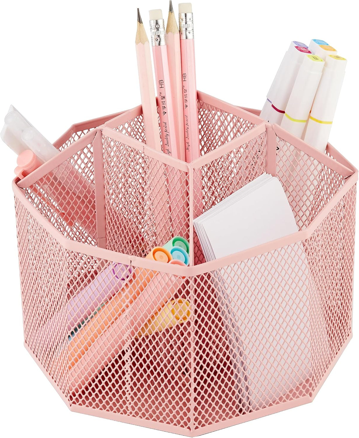 Annova Mesh Desk Organizer Rotate with 5 Compartments Spinning Tidy Candy/Pen Holder Office, Art Supply, Storage, Classroom, Home (Light Pink)