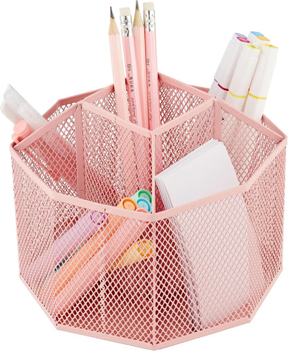 Annova Mesh Desk Organizer Rotate with 5 Compartments Spinning Tidy Candy/Pen Holder Office, Art Supply, Storage, Classroom, Home (Light Pink)