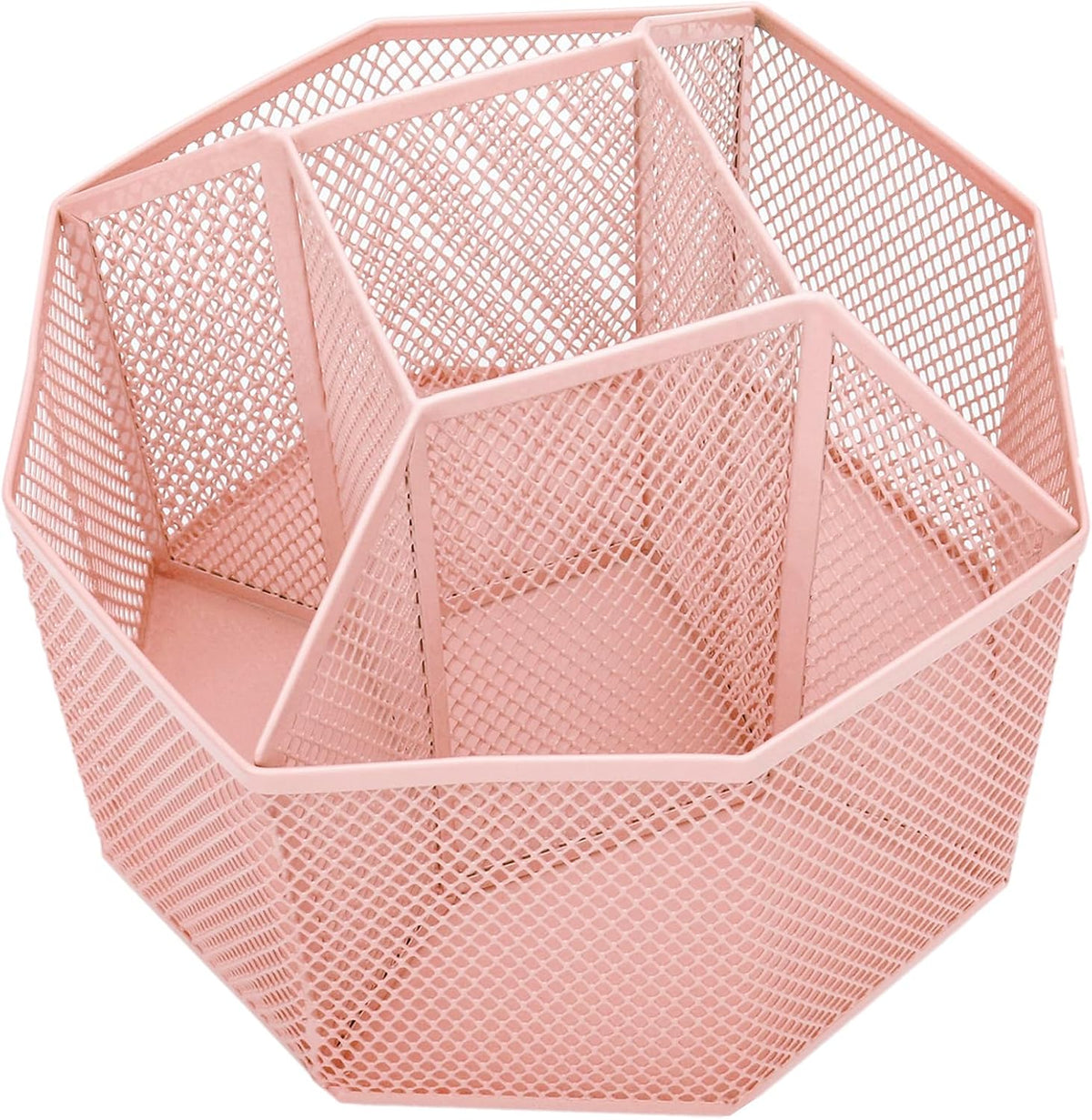 Annova Mesh Desk Organizer Rotate with 5 Compartments Spinning Tidy Candy/Pen Holder Office, Art Supply, Storage, Classroom, Home (Light Pink)