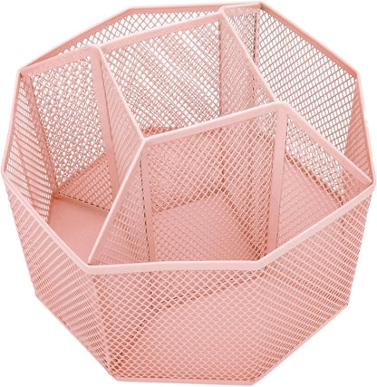 Annova Mesh Desk Organizer Rotate with 5 Compartments Spinning Tidy Candy/Pen Holder Office, Art Supply, Storage, Classroom, Home (Light Pink)