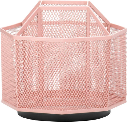 Annova Mesh Desk Organizer Rotate with 5 Compartments Spinning Tidy Candy/Pen Holder Office, Art Supply, Storage, Classroom, Home (Light Pink)