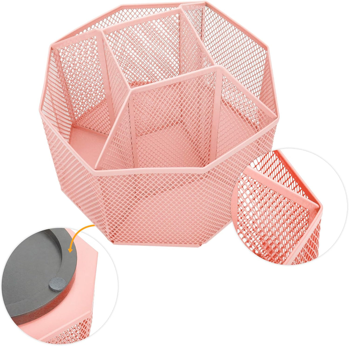 Annova Mesh Desk Organizer Rotate with 5 Compartments Spinning Tidy Candy/Pen Holder Office, Art Supply, Storage, Classroom, Home (Light Pink)