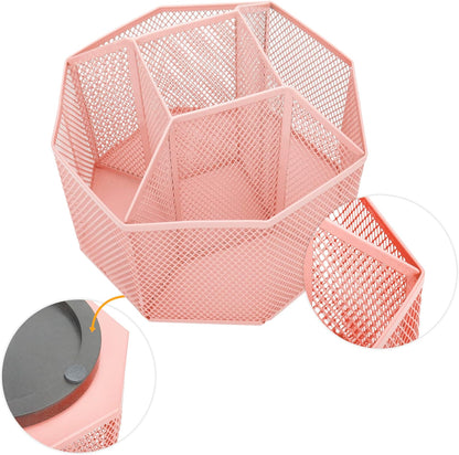 Annova Mesh Desk Organizer Rotate with 5 Compartments Spinning Tidy Candy/Pen Holder Office, Art Supply, Storage, Classroom, Home (Light Pink)