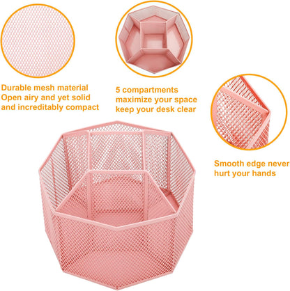 Annova Mesh Desk Organizer Rotate with 5 Compartments Spinning Tidy Candy/Pen Holder Office, Art Supply, Storage, Classroom, Home (Light Pink)
