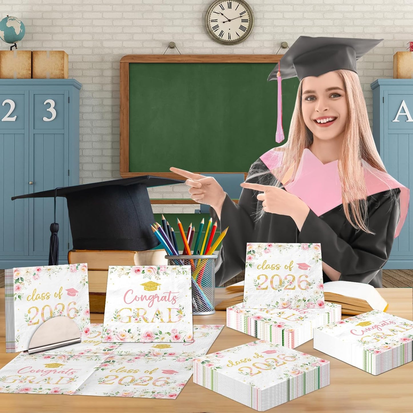 50Pcs Congrats Grad Party Napkins - Floral Graduation Party Decorations Pink Class of 2026 Graduation Paper Napkins for College High School Party Supplies