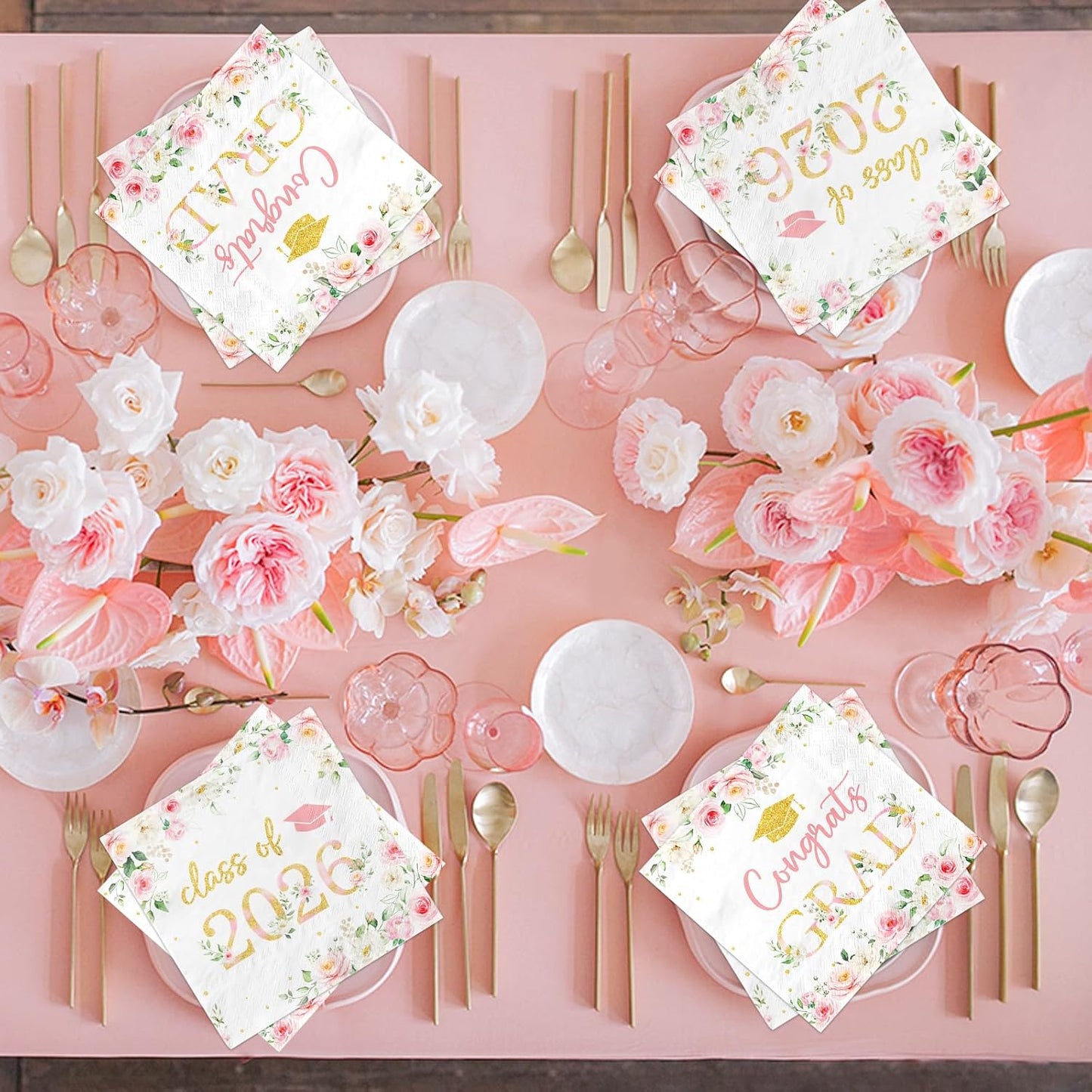 50Pcs Congrats Grad Party Napkins - Floral Graduation Party Decorations Pink Class of 2026 Graduation Paper Napkins for College High School Party Supplies