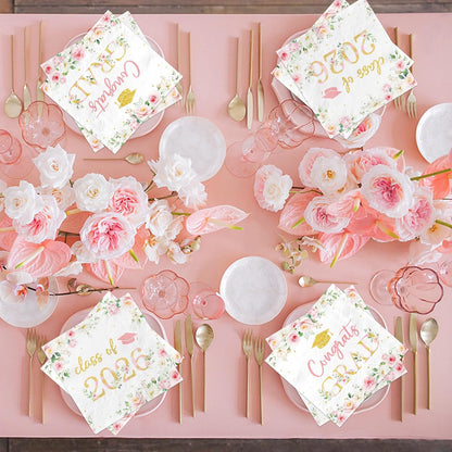 50Pcs Congrats Grad Party Napkins - Floral Graduation Party Decorations Pink Class of 2026 Graduation Paper Napkins for College High School Party Supplies