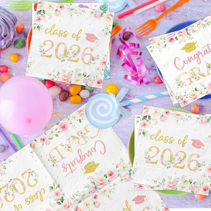 50Pcs Congrats Grad Party Napkins - Floral Graduation Party Decorations Pink Class of 2026 Graduation Paper Napkins for College High School Party Supplies