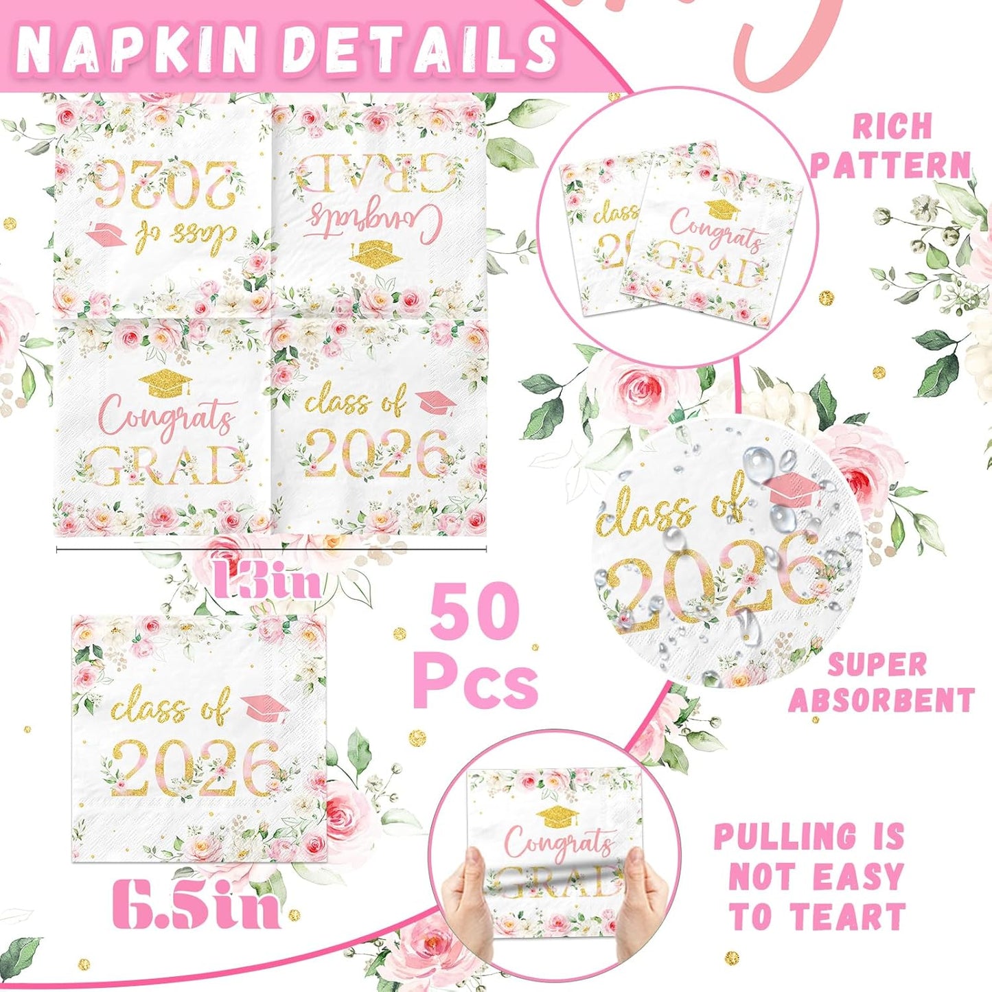 50Pcs Congrats Grad Party Napkins - Floral Graduation Party Decorations Pink Class of 2026 Graduation Paper Napkins for College High School Party Supplies