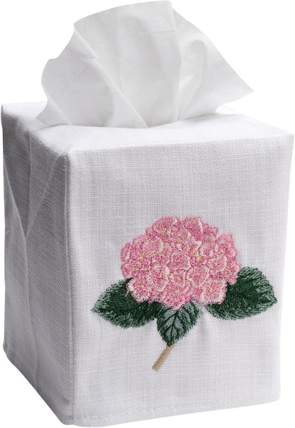 Square Tissue Box Cover, Linen/Cotton Fabric Tissue Holder, Decorative Cloth Tissue Cube Cover, Botanical Designs, Hydrangea Too (Light Pink)