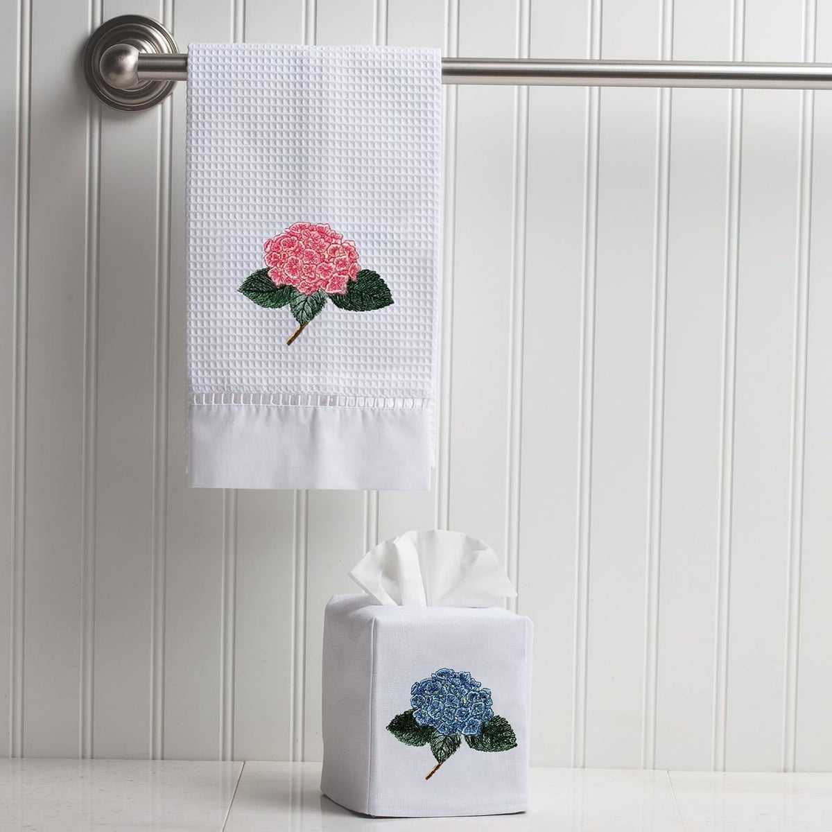 Square Tissue Box Cover, Linen/Cotton Fabric Tissue Holder, Decorative Cloth Tissue Cube Cover, Botanical Designs, Hydrangea Too (Light Pink)