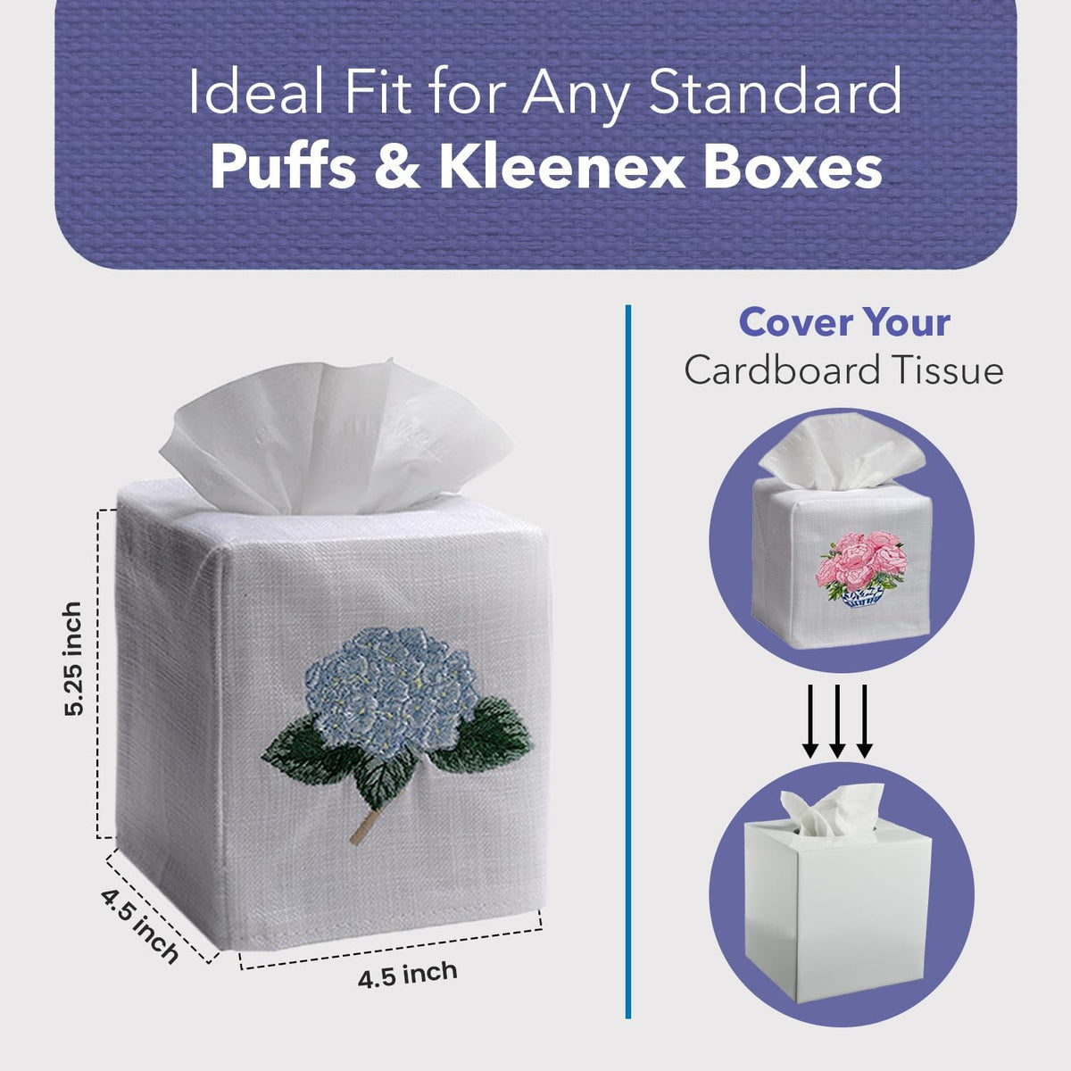 Square Tissue Box Cover, Linen/Cotton Fabric Tissue Holder, Decorative Cloth Tissue Cube Cover, Botanical Designs, Hydrangea Too (Light Pink)