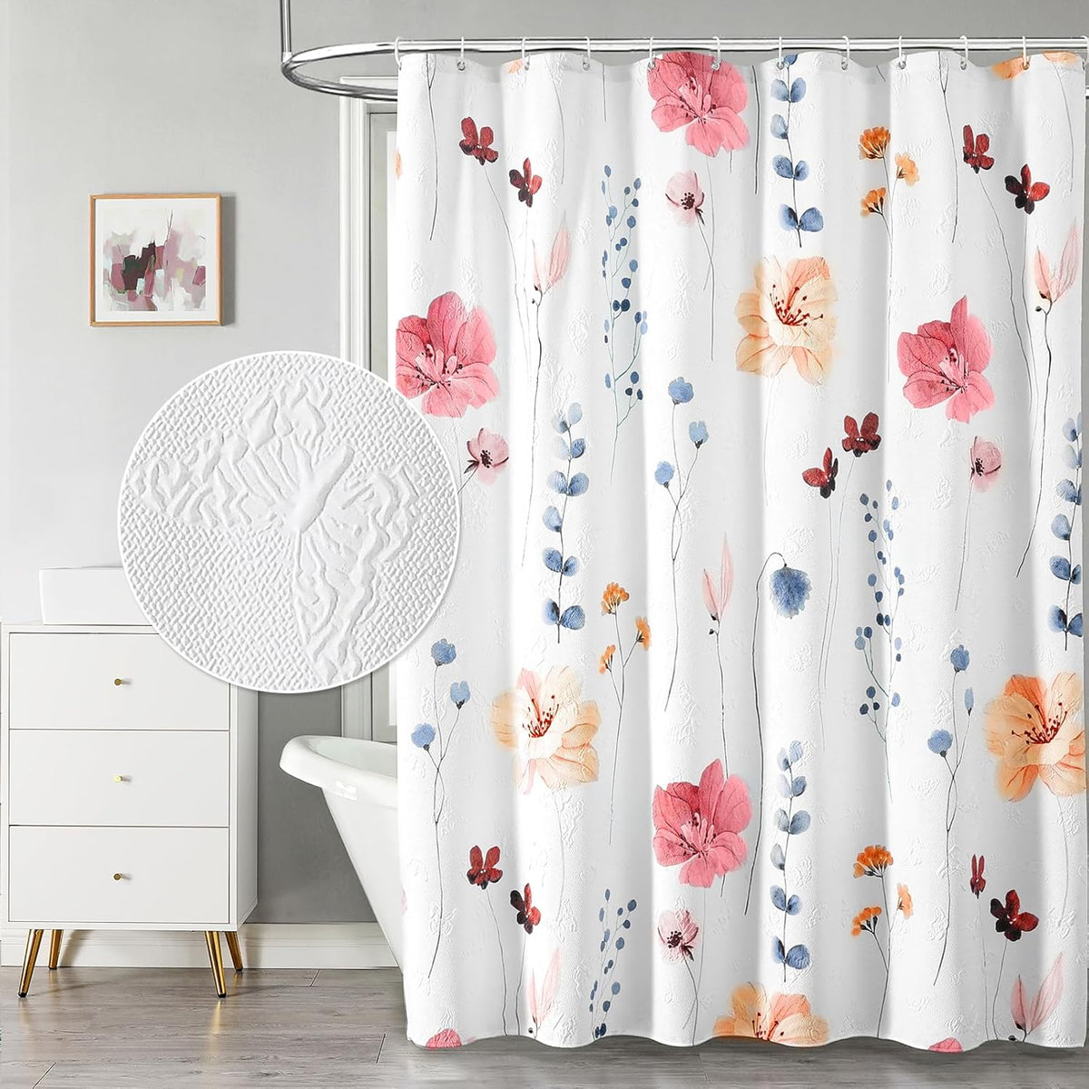 Floral Shower Curtain with Hooks, 3D Embossed, 72 x 72, Blue Yellow