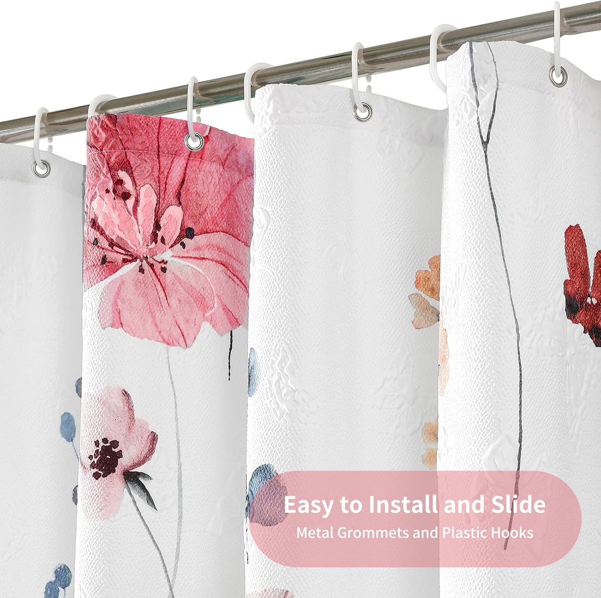 Floral Shower Curtain with Hooks, 3D Embossed, 72 x 72, Blue Yellow