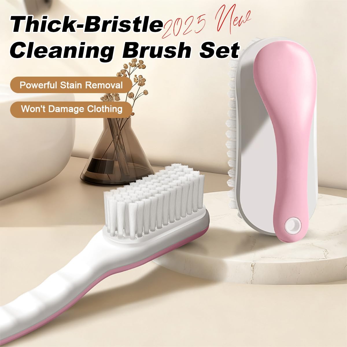 2Pack Shoe Cleaning Brush Household Laundry Clothes Scrubbing for Stains Bathroom Ergonomics Grip Easy Hold (2, Pink)