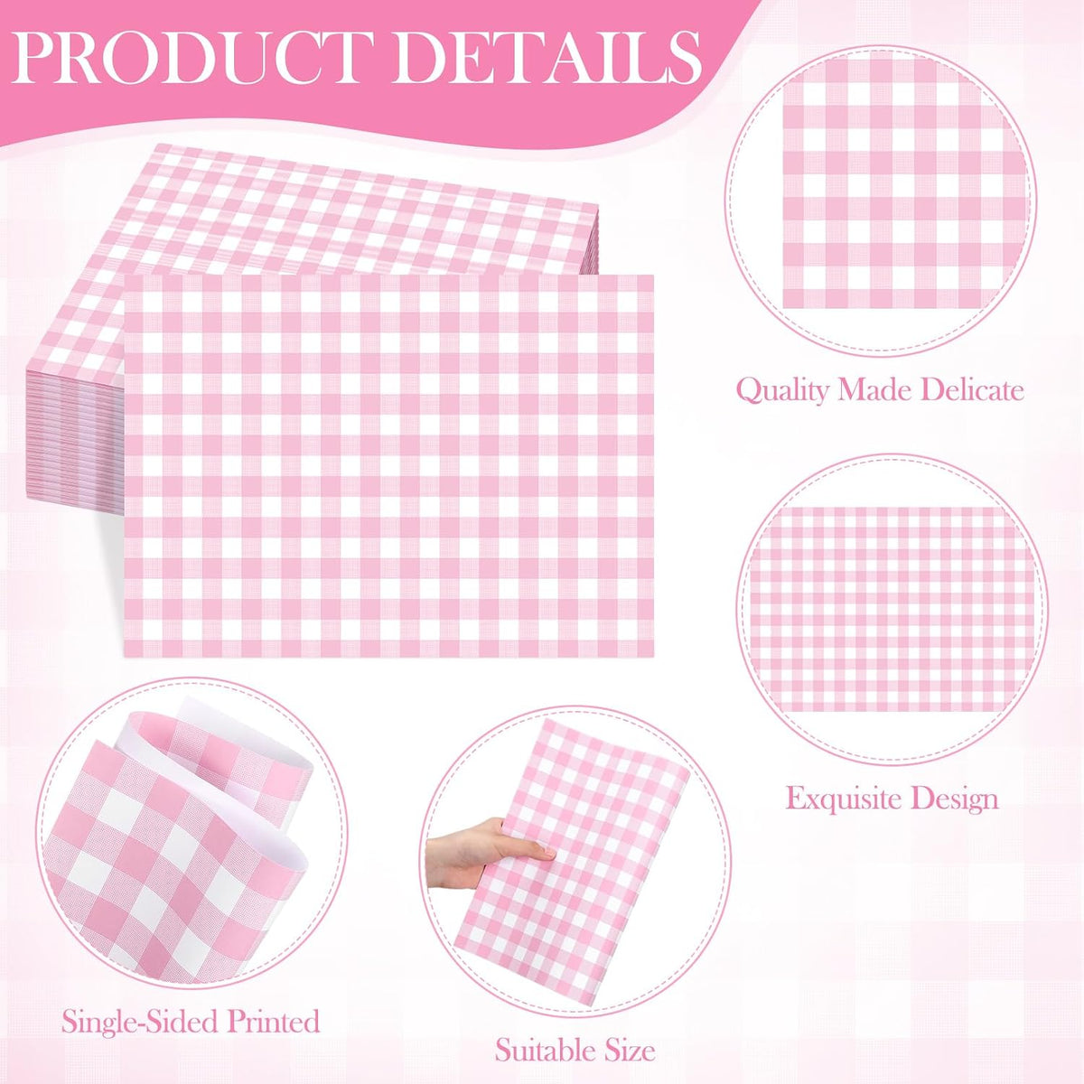 100 Pack Pink Gingham Placemats Pink and White Checkered Paper Placemats Disposable, 10 x 14 Inch Checkered Decorative Table Mats for Wedding Birthday Baby Shower Bridal Shower Party Favor