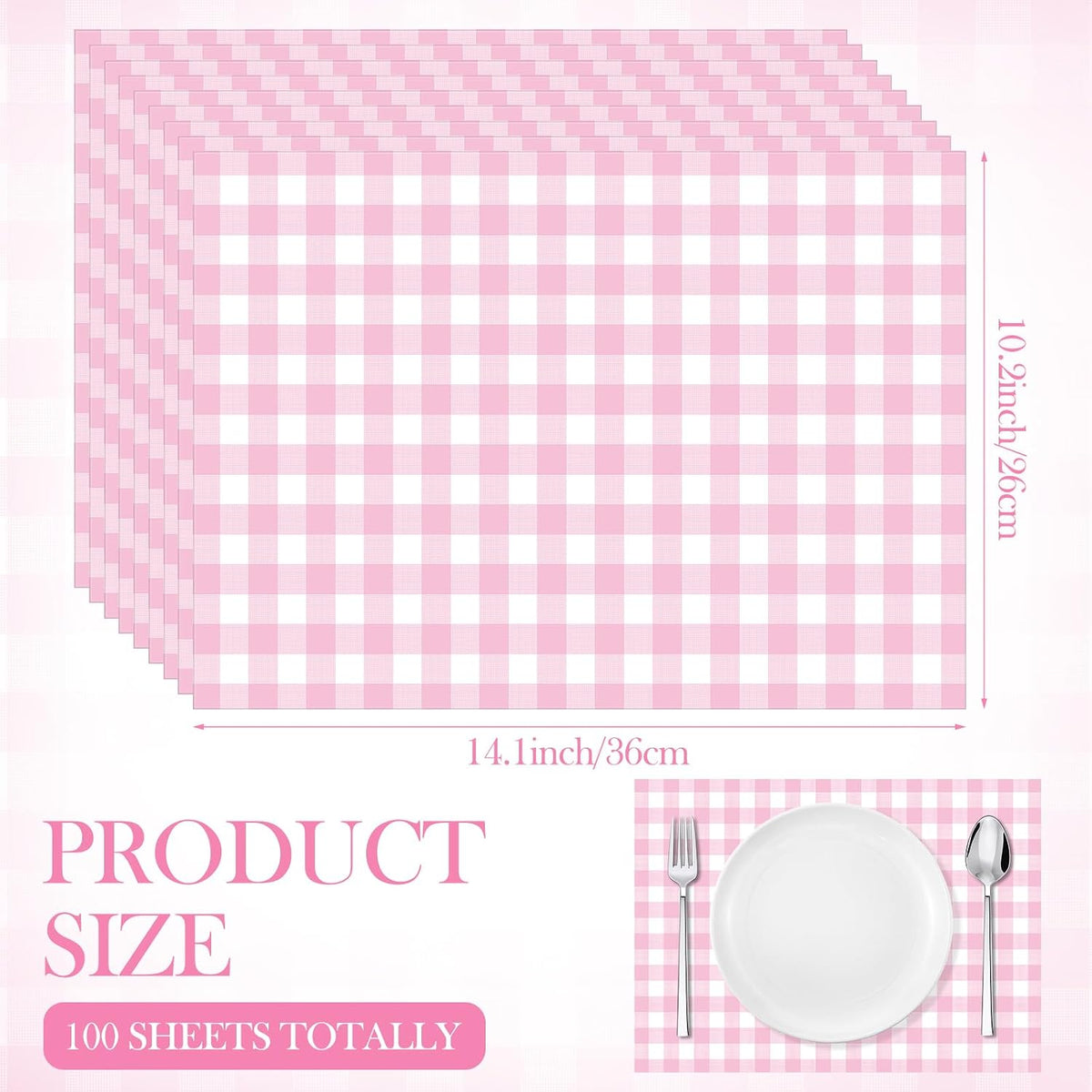 100 Pack Pink Gingham Placemats Pink and White Checkered Paper Placemats Disposable, 10 x 14 Inch Checkered Decorative Table Mats for Wedding Birthday Baby Shower Bridal Shower Party Favor