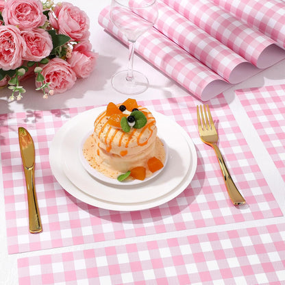 100 Pack Pink Gingham Placemats Pink and White Checkered Paper Placemats Disposable, 10 x 14 Inch Checkered Decorative Table Mats for Wedding Birthday Baby Shower Bridal Shower Party Favor