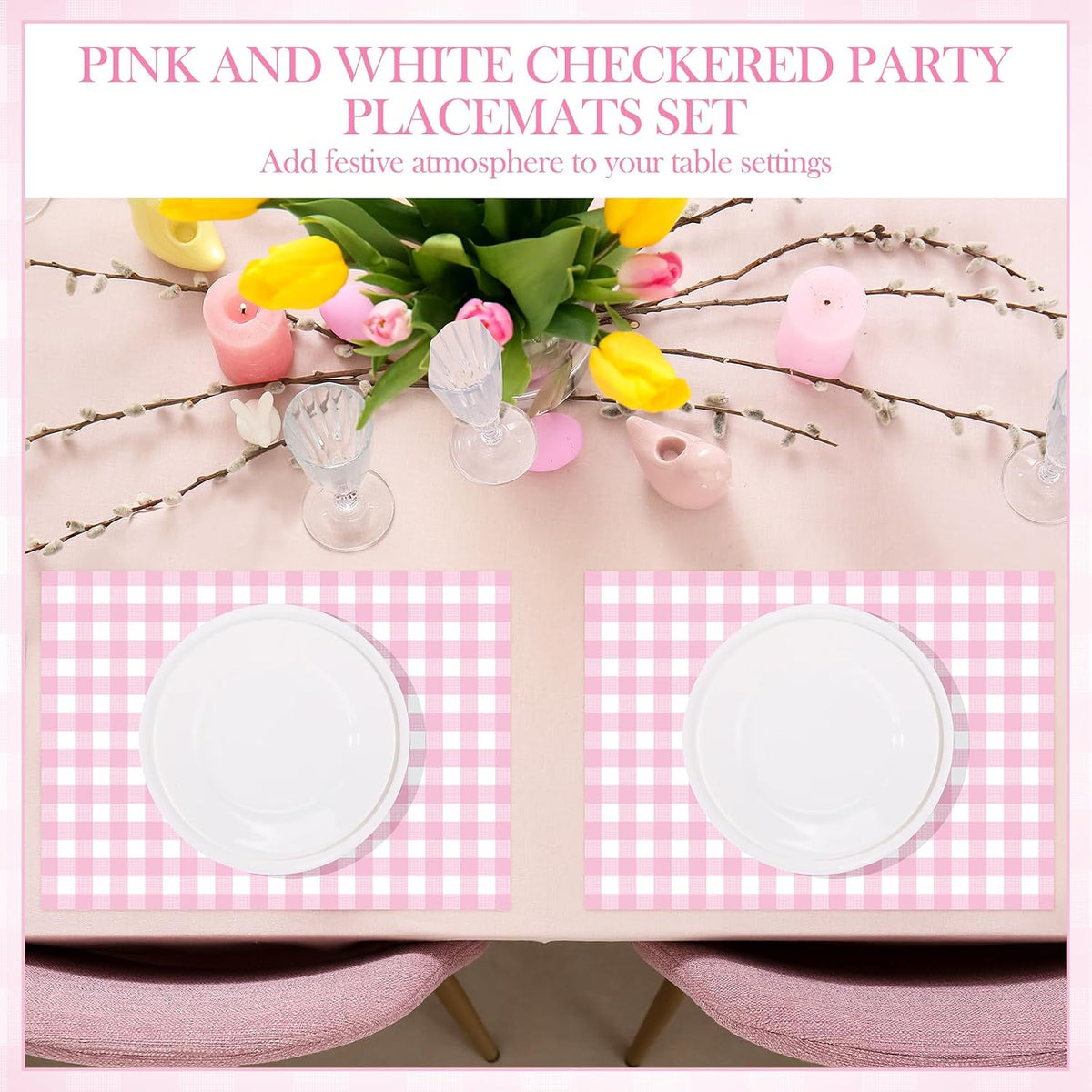100 Pack Pink Gingham Placemats Pink and White Checkered Paper Placemats Disposable, 10 x 14 Inch Checkered Decorative Table Mats for Wedding Birthday Baby Shower Bridal Shower Party Favor