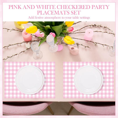 100 Pack Pink Gingham Placemats Pink and White Checkered Paper Placemats Disposable, 10 x 14 Inch Checkered Decorative Table Mats for Wedding Birthday Baby Shower Bridal Shower Party Favor