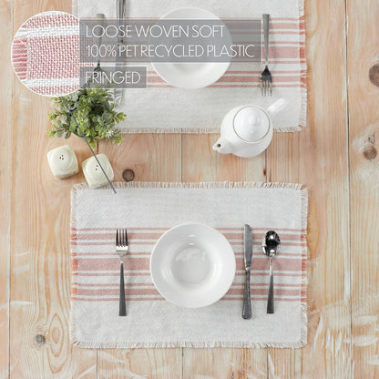 Antique White Stripe Farmhouse 13"x19" Placemat Set of 6 Pink Recycled Plastic (PET) Striped Water-Resistant Rect Kitchen Table Decor, 12 Pack