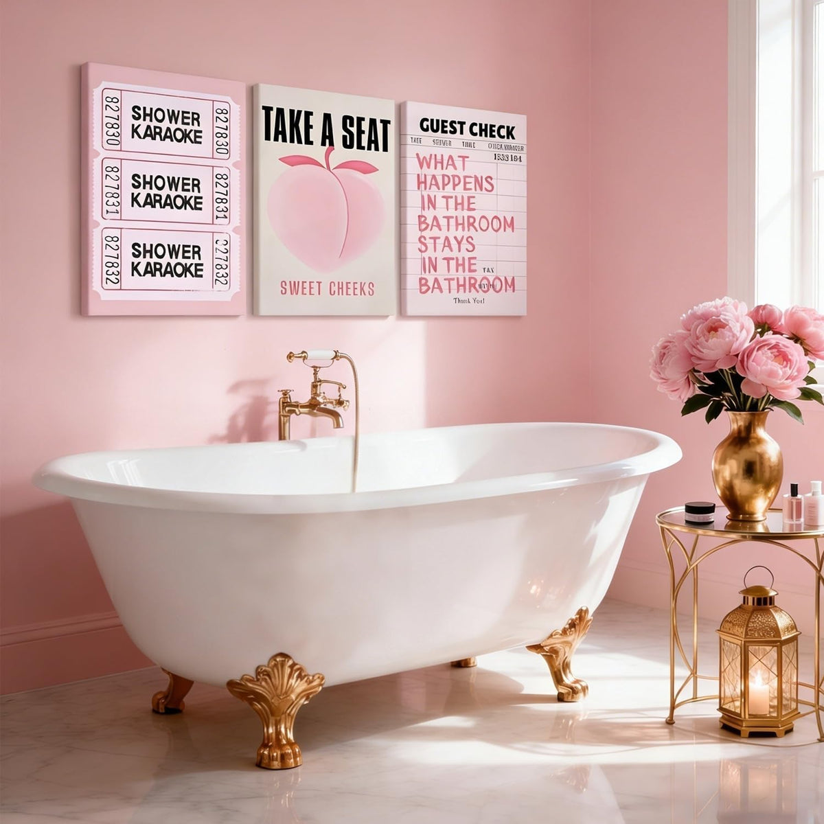 3Pcs Fun Pink Peach Trendy Bathroom Canvas Wall Art 12x16Inch Frame