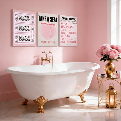 3Pcs Fun Pink Peach Trendy Bathroom Canvas Wall Art 12x16Inch Frame