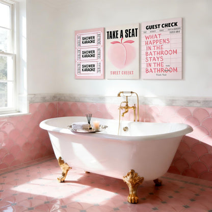 3Pcs Fun Pink Peach Trendy Bathroom Canvas Wall Art 12x16Inch Frame