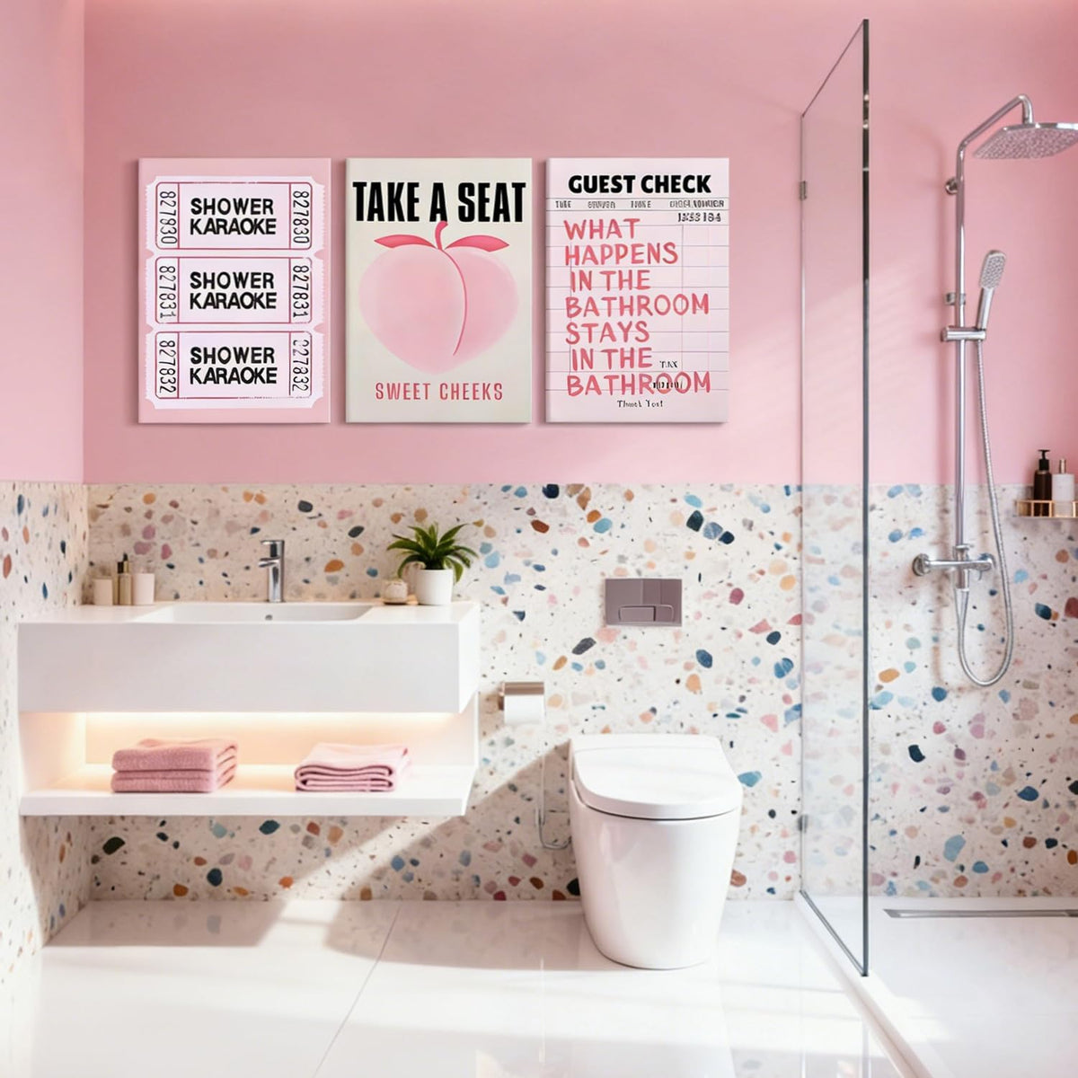 3Pcs Fun Pink Peach Trendy Bathroom Canvas Wall Art 12x16Inch Frame