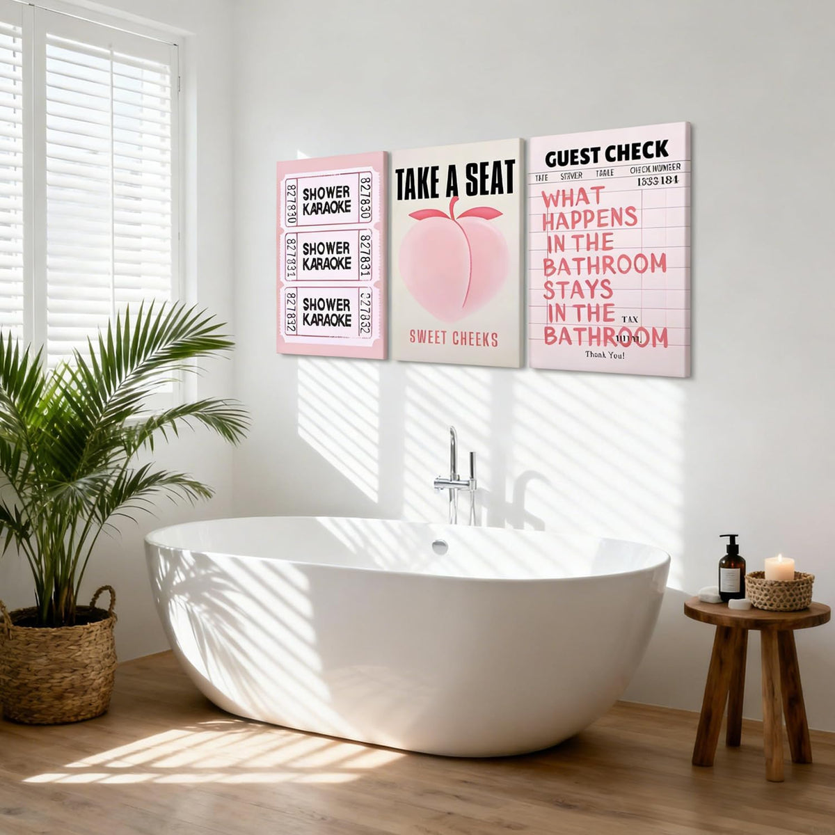 3Pcs Fun Pink Peach Trendy Bathroom Canvas Wall Art 12x16Inch Frame