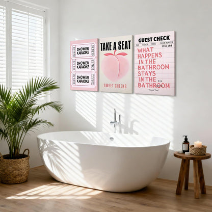 3Pcs Fun Pink Peach Trendy Bathroom Canvas Wall Art 12x16Inch Frame
