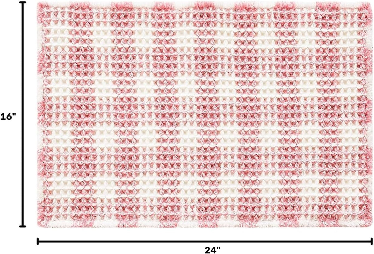 Waffle Bath Mat, Small Cute Bathroom Rug Non Slip, 24x16 Pink & White