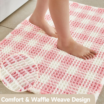 Waffle Bath Mat, Small Cute Bathroom Rug Non Slip, 24x16 Pink & White