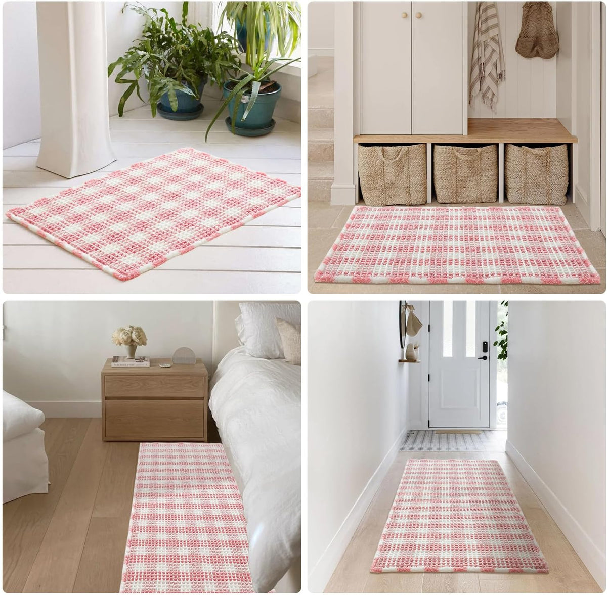 Waffle Bath Mat, Small Cute Bathroom Rug Non Slip, 24x16 Pink & White