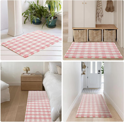 Waffle Bath Mat, Small Cute Bathroom Rug Non Slip, 24x16 Pink & White