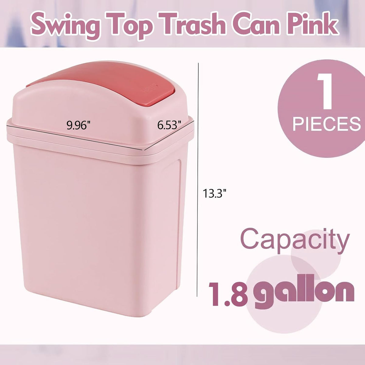1.8 Gallon Pink Swing Top Garbage Can, Plastic Small Trash Can