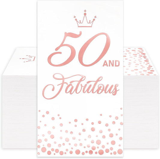 50Pcs 50 and Fabulous Guest Napkins Rose Gold 50th Birthday Disposable Napkins Paper Dinner Hand Towel for Bathroom Women Birthday Party Supplies