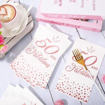 50Pcs 50 and Fabulous Guest Napkins Rose Gold 50th Birthday Disposable Napkins Paper Dinner Hand Towel for Bathroom Women Birthday Party Supplies
