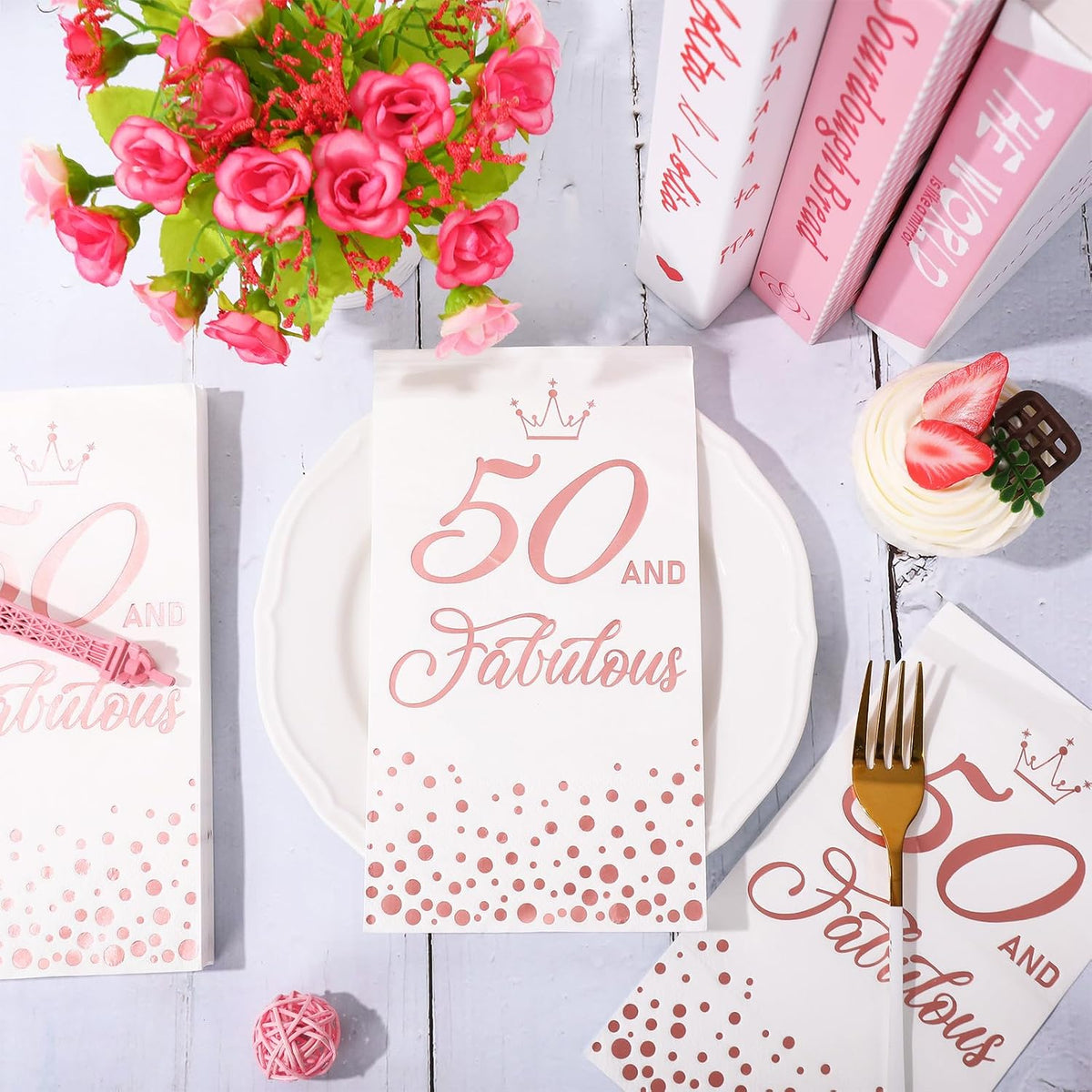 50Pcs 50 and Fabulous Guest Napkins Rose Gold 50th Birthday Disposable Napkins Paper Dinner Hand Towel for Bathroom Women Birthday Party Supplies