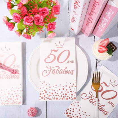 50Pcs 50 and Fabulous Guest Napkins Rose Gold 50th Birthday Disposable Napkins Paper Dinner Hand Towel for Bathroom Women Birthday Party Supplies