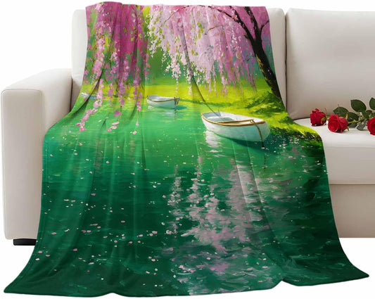 Fleece Throw Blanket, Spring Watercolor Pink Flowers Lake Water Lightweight Warm Coverlet Cozy Soft Flannel Blankets for Couch Bed Sofa Camping for All Seasons Small Boat