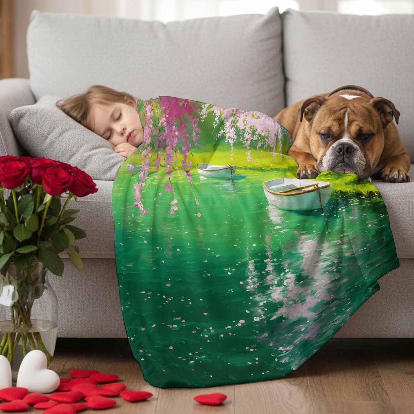 Fleece Throw Blanket, Spring Watercolor Pink Flowers Lake Water Lightweight Warm Coverlet Cozy Soft Flannel Blankets for Couch Bed Sofa Camping for All Seasons Small Boat