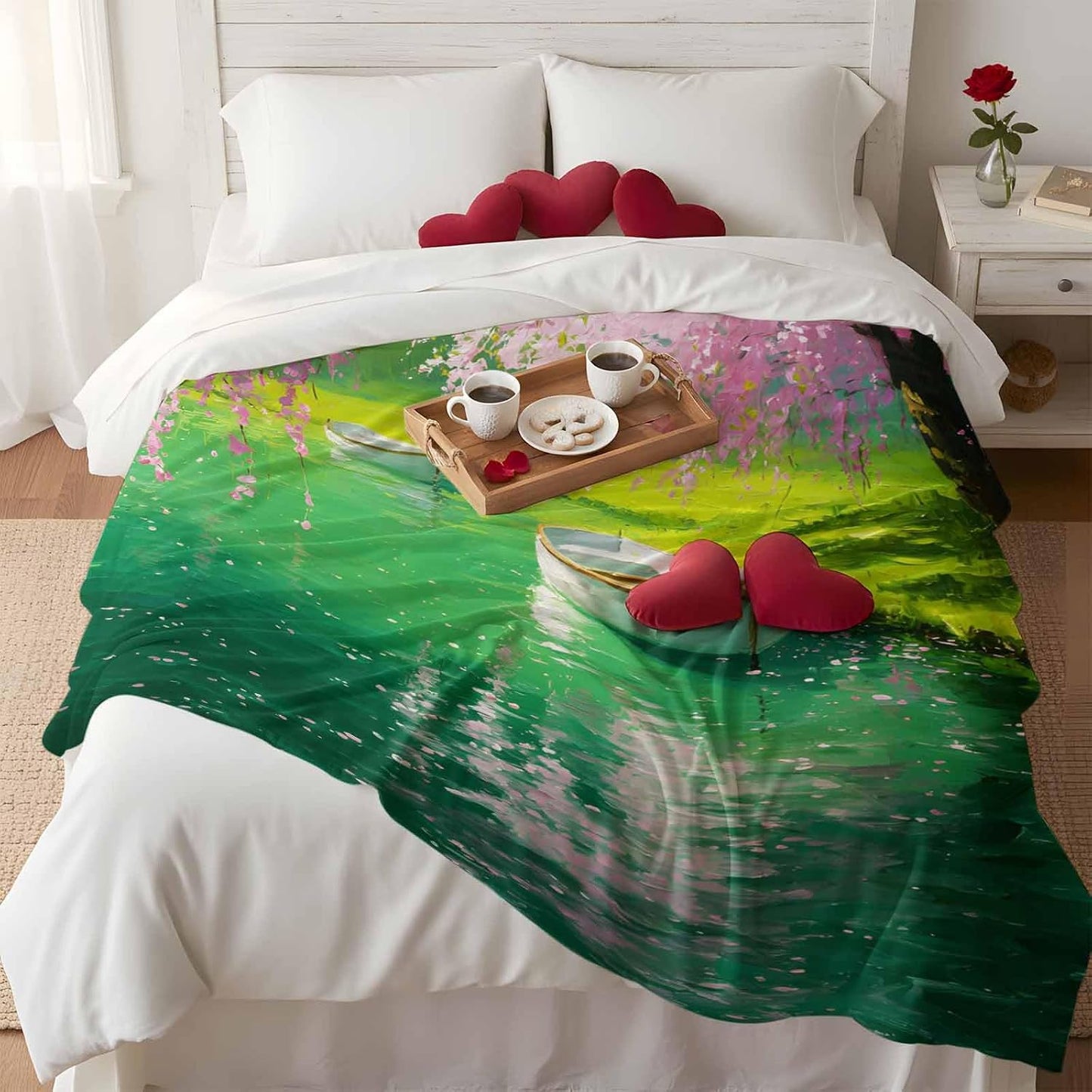 Fleece Throw Blanket, Spring Watercolor Pink Flowers Lake Water Lightweight Warm Coverlet Cozy Soft Flannel Blankets for Couch Bed Sofa Camping for All Seasons Small Boat