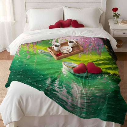 Fleece Throw Blanket, Spring Watercolor Pink Flowers Lake Water Lightweight Warm Coverlet Cozy Soft Flannel Blankets for Couch Bed Sofa Camping for All Seasons Small Boat