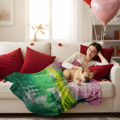 Fleece Throw Blanket, Spring Watercolor Pink Flowers Lake Water Lightweight Warm Coverlet Cozy Soft Flannel Blankets for Couch Bed Sofa Camping for All Seasons Small Boat