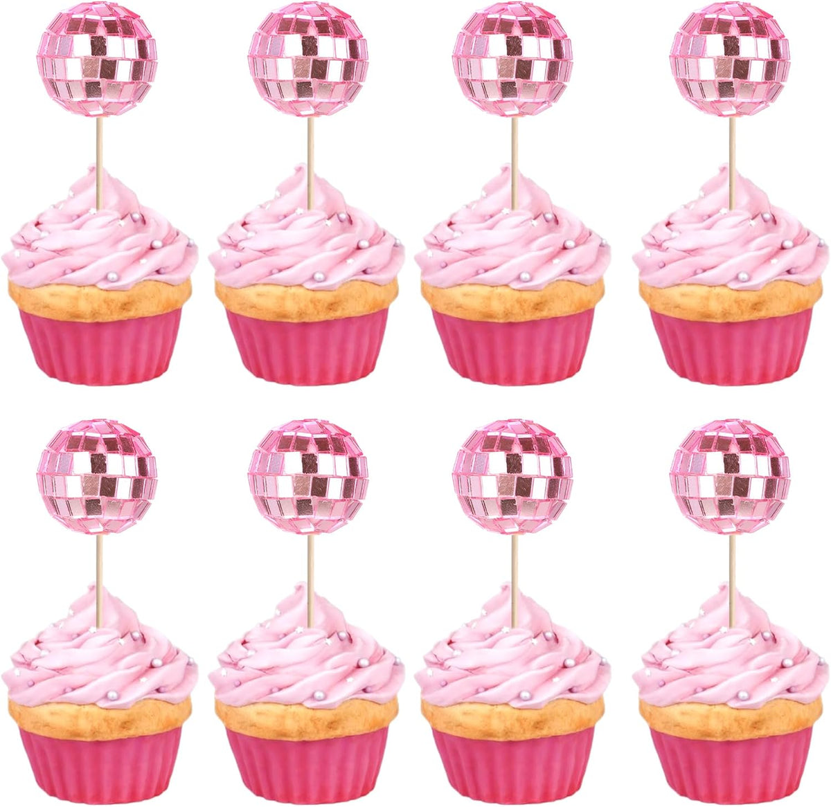 24 Pack Pink Disco Ball Cupcake Toppers Reflective Mirror Disco Ball Cake Toppers Disco Ball Decor for 70s Disco Theme Birthday Party Cake Decorations