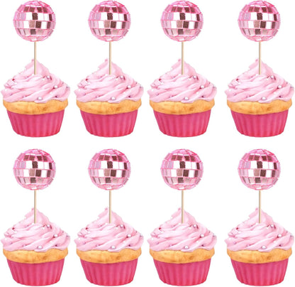 24 Pack Pink Disco Ball Cupcake Toppers Reflective Mirror Disco Ball Cake Toppers Disco Ball Decor for 70s Disco Theme Birthday Party Cake Decorations