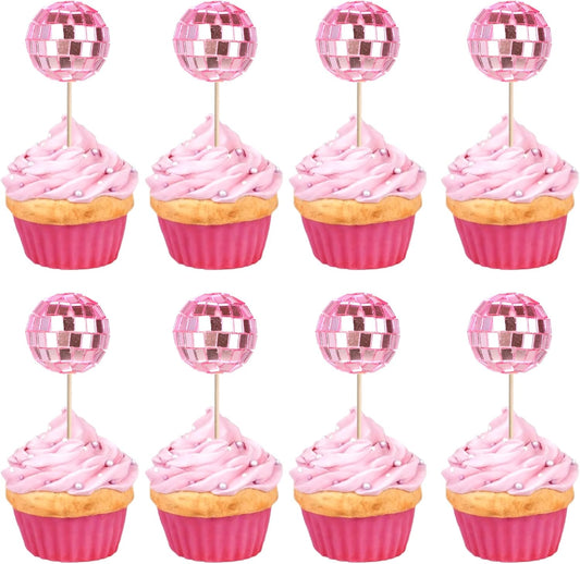 24 Pack Pink Disco Ball Cupcake Toppers Reflective Mirror Disco Ball Cake Toppers Disco Ball Decor for 70s Disco Theme Birthday Party Cake Decorations