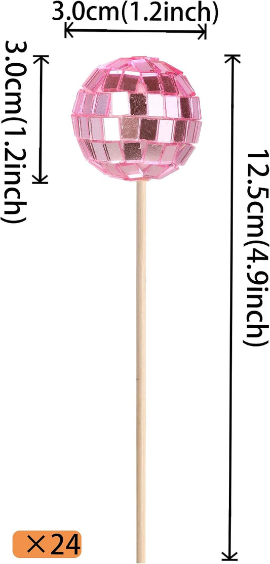 24 Pack Pink Disco Ball Cupcake Toppers Reflective Mirror Disco Ball Cake Toppers Disco Ball Decor for 70s Disco Theme Birthday Party Cake Decorations